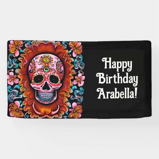  Sugar Skull Retro Day of the Dead Birthday Spandoek (Horizontaal)
