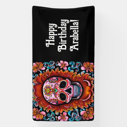  Sugar Skull Retro Day of the Dead Birthday Spandoek (Verticaal)