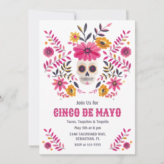 Sugar Skull Roze Folk Bloemen Cinco de Mayo Fiesta Kaart (Voorkant)