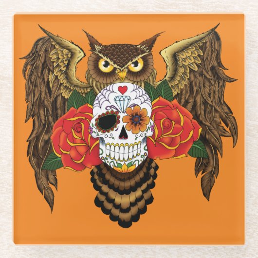 Sugar Skull Rozen Uil Glazen Onderzetter (Voorkant)