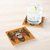 Sugar Skull Rozen Uil Glazen Onderzetter (Schuin)