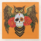 Sugar Skull Rozen Uil Glazen Onderzetter (Voorkant)