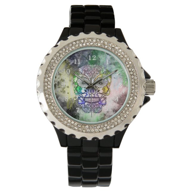 Sugar Skull Skelet Grunge Horloge (Voorkant)
