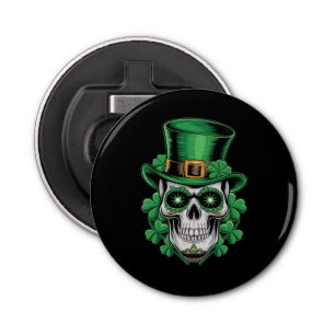 Sugar Skull St Patrick Day Lucky Shamrock Button Flesopener