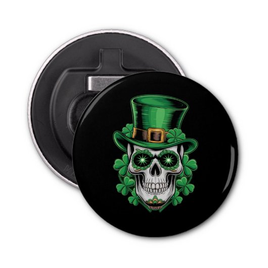 Sugar Skull St Patrick Day Lucky Shamrock Button Flesopener (Voorkant)