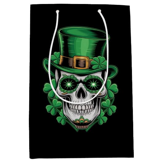 Sugar Skull St Patrick Day Lucky Shamrock Medium Cadeauzakje (Voorkant)
