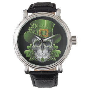 Sugar Skull St Patrick's Day Shamrock Horloge