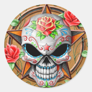 Sugar Skull Star, bruin Ronde Sticker