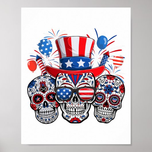 Sugar Skull Sungles Vuurwerk Amerikaanse vlag 4e v Poster (Voorkant)