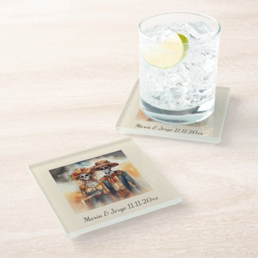 Sugar Skull Sweethearts, op maat Glazen Onderzetter (Schuin)