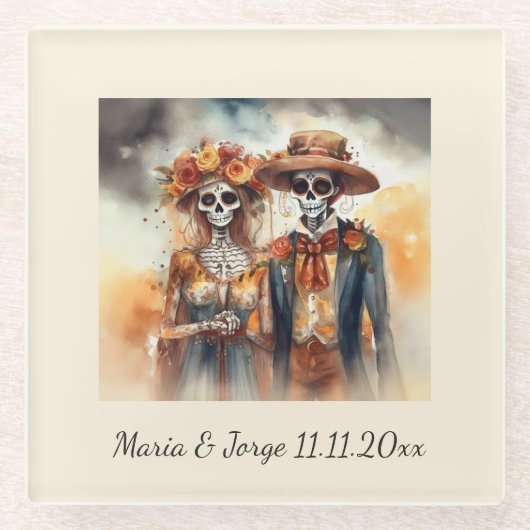 Sugar Skull Sweethearts, op maat Glazen Onderzetter (Voorkant)