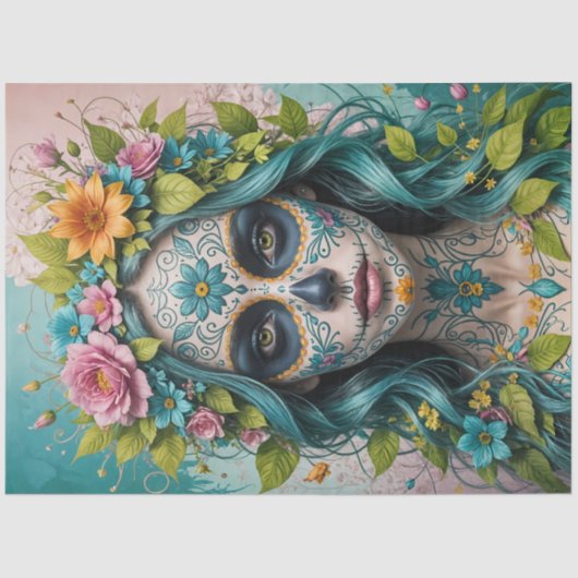 Sugar Skull Vrouw met Bloemen – Gothic Decoupage Tissuepapier (Voorkant)