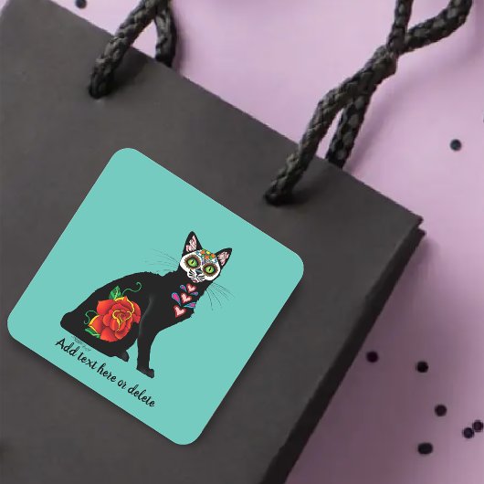 Sugar Skull zwart Kat Vierkante Sticker