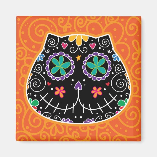 Sugar Skull Zwarte Kat Dag van de Doden Magneet (Voorkant)