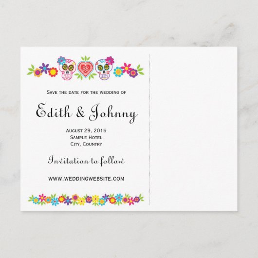 Sugar Skulls and Flowers Save the Date Aankondigingskaart (Achterkant)