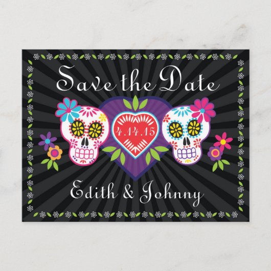 Sugar Skulls and Flowers Save the Date Aankondigingskaart (Voorkant)