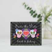 Sugar Skulls and Flowers Save the Date Aankondigingskaart (Staand voorkant)