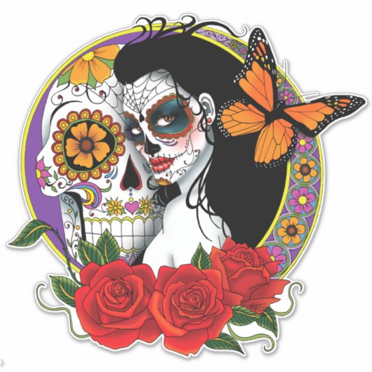 Sugar Skulls Art Nouveau Sticker (Voorkant)