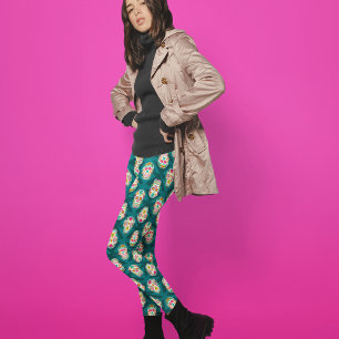 Sugar Skulls Cream en Blauwgroen Patroon Leggings