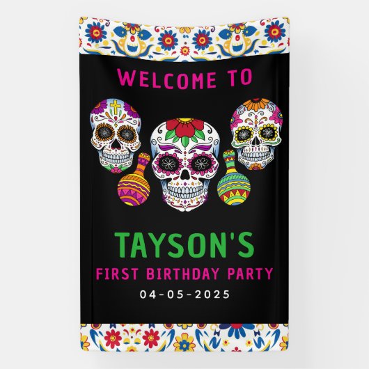 Sugar Skulls Day 1st Birthday Party Colorful Día Spandoek (Verticaal)