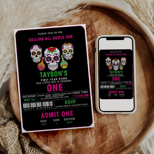 Sugar Skulls Day 1st Birthday Party Kleurrijke Día Kaart