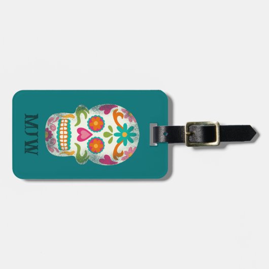 Sugar Skulls Dia de los Muertos Monogrammed Bagagelabel (Voorkant horizontaal)