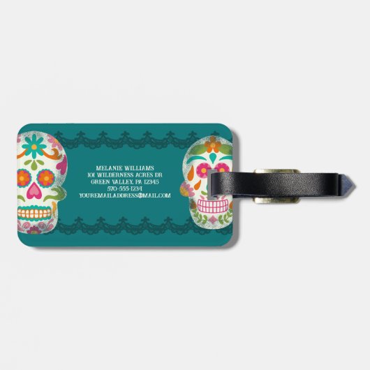 Sugar Skulls Dia de los Muertos Monogrammed Bagagelabel (Achterkant horizontaal)