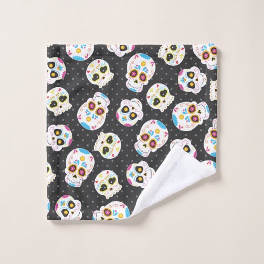 Sugar Skulls en Polka Dots op zwart Bad Handdoek (Wasdoekje)