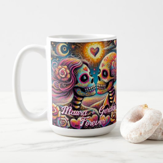 Sugar Skulls in Love Chalk Pastel Personalized Koffiemok (Met donut)