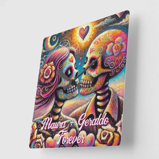 Sugar Skulls in Love Chalk Pastel Personalized Vierkante Klok (Hoek)