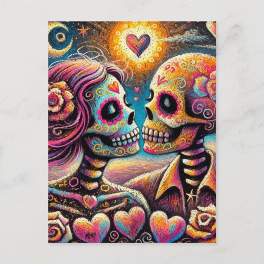 Sugar Skulls in Love Impressionistische Chalk Past Briefkaart (Voorkant)