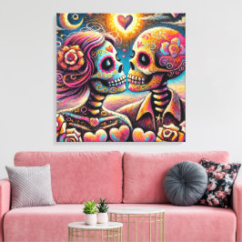 Sugar Skulls in Love Impressionistische Chalk Past Canvas Afdruk