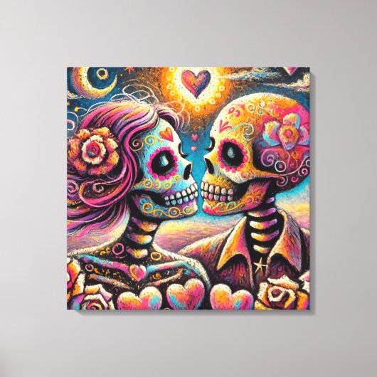 Sugar Skulls in Love Impressionistische Chalk Past Canvas Afdruk (Voorkant)