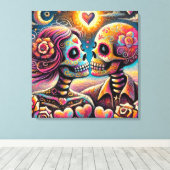 Sugar Skulls in Love Impressionistische Chalk Past Canvas Afdruk (Insitu (Houten vloer))