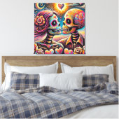 Sugar Skulls in Love Impressionistische Chalk Past Canvas Afdruk (Insitu (Slaapkamer))