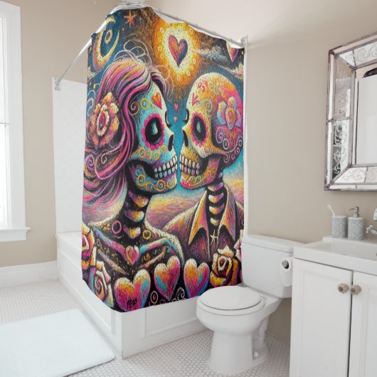 Sugar Skulls in Love Impressionistische Chalk Past Douchegordijn (In situ)