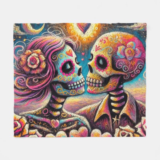 Sugar Skulls in Love Impressionistische Chalk Past Fleece Deken (Voorkant (Horizontaal))