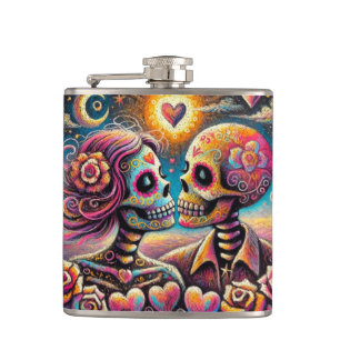 Sugar Skulls in Love Impressionistische Chalk Past Heupfles