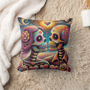 Sugar Skulls in Love Impressionistische Chalk Past Kussen