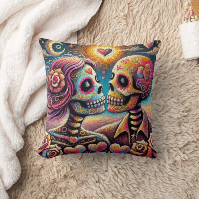 Sugar Skulls in Love Impressionistische Chalk Past Kussen (Deken)