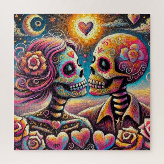 Sugar Skulls in Love Impressionistische Chalk Past Legpuzzel (Verticaal)