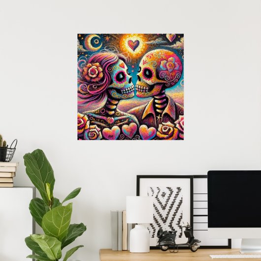 Sugar Skulls in Love Impressionistische Chalk Past Poster (Thuiskantoor)