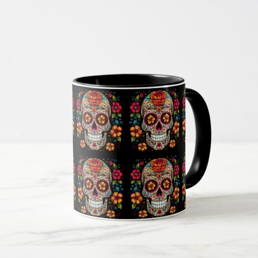Sugar Skulls op een zwarte achtergrond Koffie Mok (Voorkant rechts)