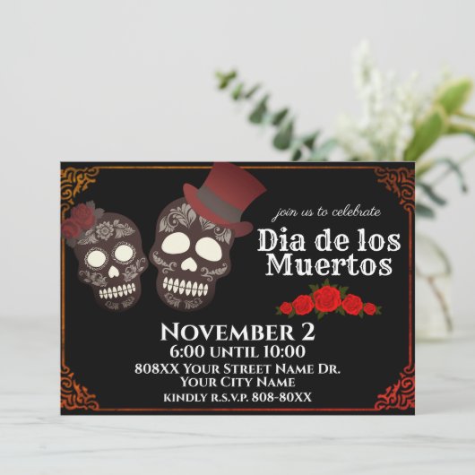 Sugar Skulls Paar Dag van de Dode Zwart Kaart (Staand voorkant)