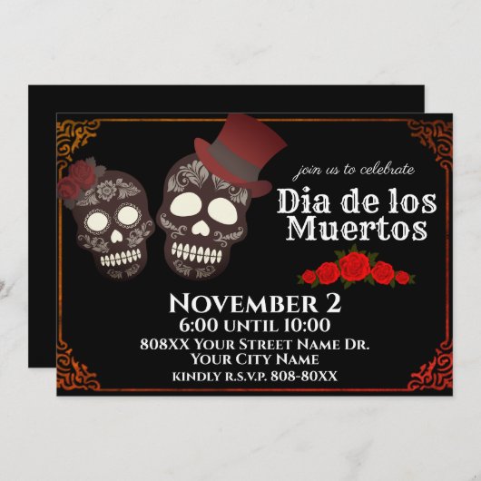 Sugar Skulls Paar Dag van de Dode Zwart Kaart (Voorkant / Achterkant)
