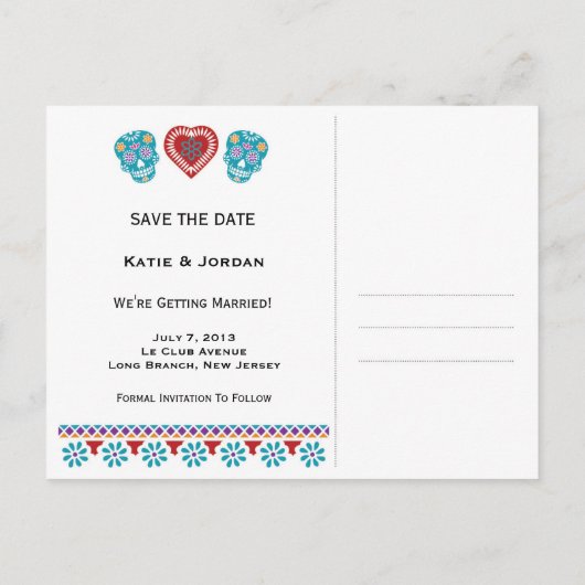 Sugar Skulls Papel Picado Style Save the Date Aankondigingskaart (Achterkant)