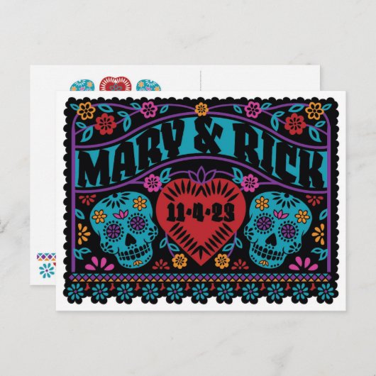 Sugar Skulls Papel Picado Style Save the Date Aankondigingskaart (Voorkant / Achterkant)