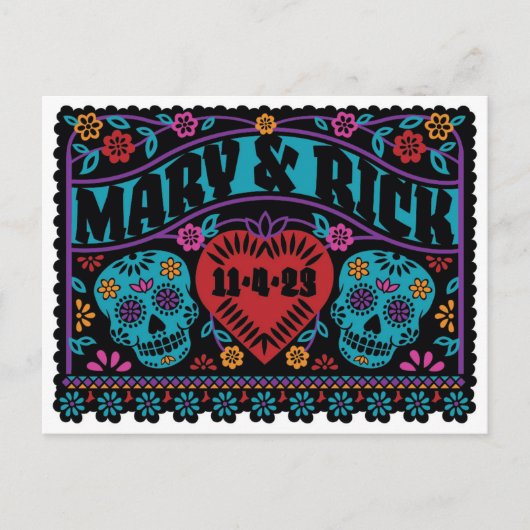 Sugar Skulls Papel Picado Style Save the Date Aankondigingskaart (Voorkant)