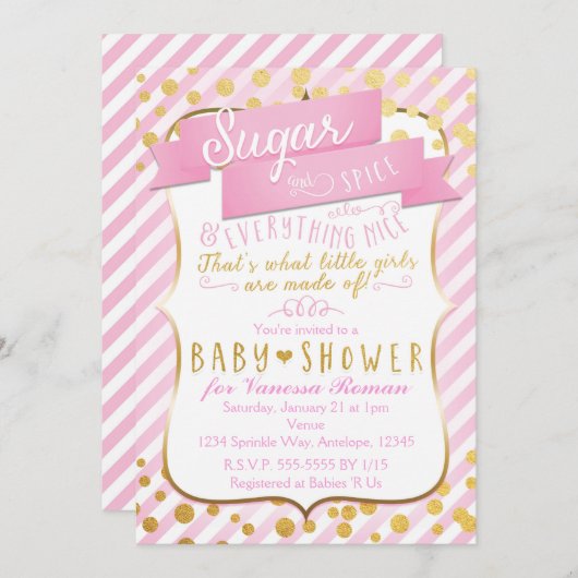 Sugar & Spice Pink & Gold Baby shower Uitnodiging (Voorkant / Achterkant)