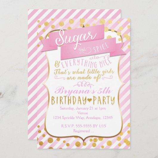 Sugar & Spice Roze Gouden Verjaardag Uitnodiging (Voorkant / Achterkant)